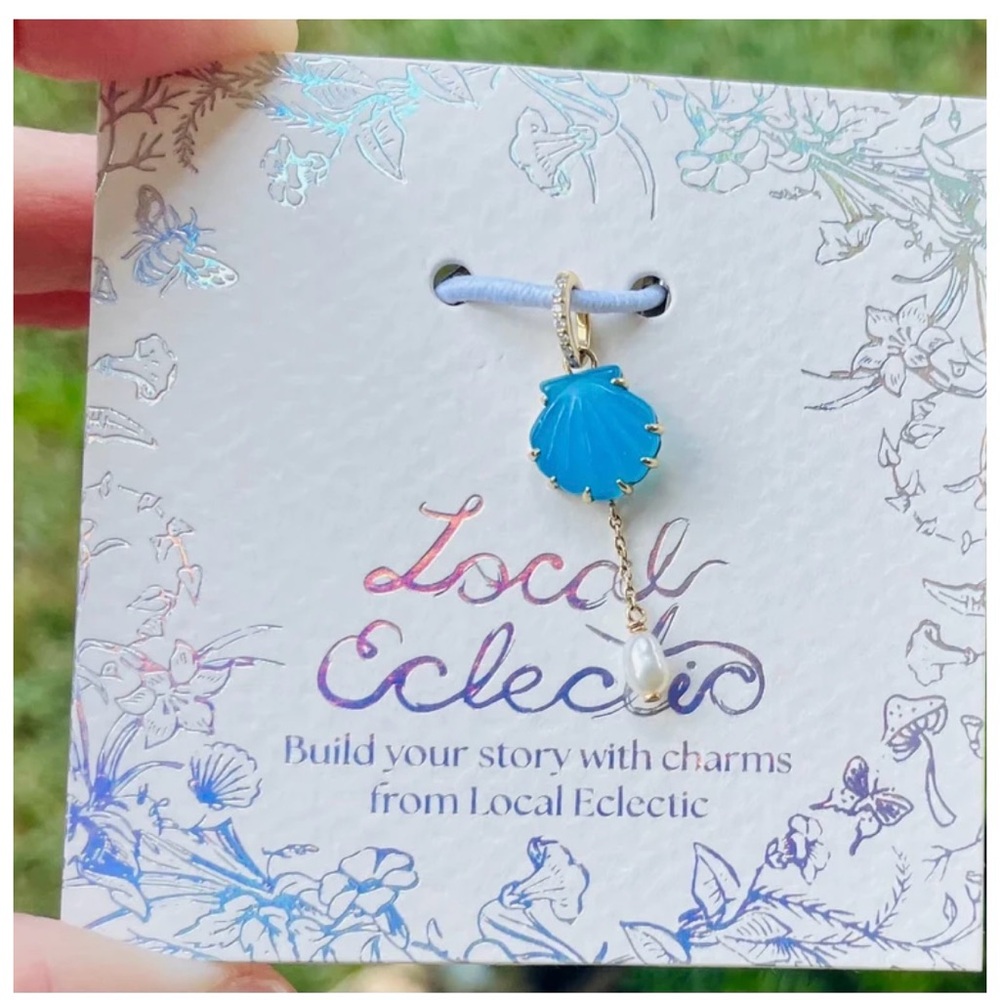 LOCAL ECLECTIC 9K Solid Gold Blue Shell Charm w/ Pearl Drop w/ Dust Bag